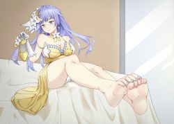 Rule 34 | 1girl, barefoot, bed, blue eyes, blue hair, date a live, feet, highres, holding, holding shoes, izayoi miku, long hair, looking at viewer, nail polish, panties, pantyshot, shoes, unworn shoes, single shoe, soles, toes, underwear