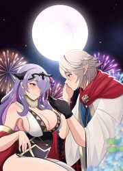 Rule 34 | 1boy, 1girl, absurdres, breasts, camilla (fire emblem), camilla (new year) (fire emblem), cleavage, corrin (fire emblem), corrin (male) (fire emblem), corrin (male) (new year) (fire emblem), fire emblem, fire emblem fates, fire emblem heroes, fireworks, grey hair, highres, ihsnet, japanese clothes, kimono, large breasts, looking at another, moon, nintendo, obi, official alternate costume, pointy ears, purple hair, red robe, robe, sash, scarf, smile, thighs, tiara