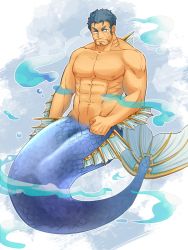 Rule 34 | 1boy, abs, bara, blue hair, completely nude, facial hair, fins, groin, highres, kyouta 22, large pectorals, male focus, mature male, merman, monster boy, muscular, muscular male, navel, navel hair, nipples, nude, pectorals, short hair, sideburns, solo, stomach, stubble, tokyo houkago summoners, triton (housamo), underwater
