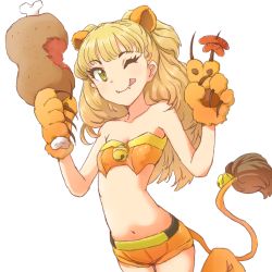 Rule 34 | 10s, 1girl, :p, animal ears, animal hands, bare shoulders, bell, blonde hair, boned meat, cat paws, claws, dani-ikapi, eyelashes, fang, fangs, flat chest, food, idolmaster, idolmaster cinderella girls, jougasaki rika, lion ears, lion tail, long hair, meat, midriff, navel, one eye closed, short shorts, shorts, solo, tail, tongue, tongue out, two side up, wink, yellow eyes