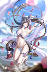 Rule 34 | 1girl, animal ears, arms up, bikini, blue archive, breasts, brown eyes, brown hair, flower, fox ears, fox tail, hair flower, hair ornament, highres, large breasts, lazy guang guang, long hair, looking at viewer, navel, official alternate costume, reflection, sandals, solo, swimsuit, tail, tail flower, tail ornament, thigh strap, wakamo (blue archive), wakamo (swimsuit) (blue archive), water, wet