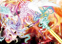 Rule 34 | &gt;:3, 10s, 1girl, :3, angel wings, ass, asymmetrical legwear, blue hair, blush, bridal gauntlets, spiked halo, cosplay, cross, feathered wings, flying, gloves, gradient hair, halo, jibril (no game no life), jibril (no game no life) (cosplay), kamiya yuu, long hair, low wings, magic circle, messy hair, mismatched legwear, multicolored hair, no game no life, official art, shiro (no game no life), solo, symbol-shaped pupils, tattoo, thighhighs, v-shaped eyebrows, very long hair, white wings, wing ears, wings, yellow eyes
