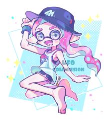 Rule 34 | 1girl, :d, barefoot, black hat, black shorts, blue background, bucket hat, commentary request, commission, dolphin shorts, fangs, feet, full body, grey eyes, hat, highres, inkling, inkling girl, inkling player character, korean commentary, long hair, nintendo, open mouth, pink hair, pointy ears, shirt, shorts, sleeveless, sleeveless shirt, smile, soles, solo, sparkle, splatoon (series), tentacle hair, toes, two-tone background, ufo sw, watermark, white background, white shirt