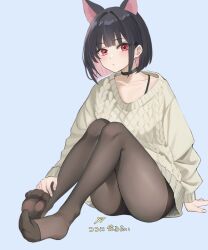Rule 34 | 1girl, alternate costume, animal ears, arm support, arrow (symbol), black choker, black hair, black pantyhose, blue archive, blunt ends, blush, brown sweater, cat ears, choker, colored inner hair, extra ears, highres, kazusa (blue archive), knees up, looking at viewer, multicolored hair, pantyhose, pink hair, red eyes, ryouta (ryouta335), short hair, simple background, sitting, soles, solo, sweater, toes, translation request, two-tone hair