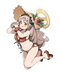 Rule 34 | 1girl, :p, belly, bikini, blue archive, blush stickers, bracelet, breasts, brown hair, burger, curly hair, dot nose, floating, flower, food, hair ornament, hairpin, halo, hands up, hat, hat flower, highres, holding, horns, izumi (blue archive), izumi (swimsuit) (blue archive), jewelry, large breasts, long hair, navel, plump, red bikini, red footwear, sandals, scrunchie, side-tie bikini bottom, simple background, skindentation, smile, solo, straw hat, swimsuit, syumi080, tareme, tongue, tongue out, white background, wrist scrunchie, yellow eyes