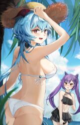 Rule 34 | 2girls, absurdres, ahoge, alternate breast size, arm up, ass, bare arms, bare back, bare shoulders, bikini, black bikini, black skirt, blue hair, blue sky, breasts, butt crack, cloud, cone hair bun, day, double bun, frilled bikini, frilled skirt, frills, ganyu (genshin impact), genshin impact, goat horns, gradient eyes, hair bun, hand on headwear, hat, highres, horns, keqing (genshin impact), large breasts, long hair, looking at another, looking at viewer, looking back, maya (gpmp3825), multicolored eyes, multiple girls, ocean, open mouth, outdoors, palm leaf, palm tree, purple eyes, purple hair, red eyes, side-tie bikini bottom, sideboob, skirt, sky, small breasts, smile, straw hat, swimsuit, thighs, tree, twintails, white bikini
