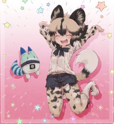 Rule 34 | 10s, 1girl, ^ ^, african wild dog (kemono friends), african wild dog print, animal ears, black hair, boots, closed eyes, collared shirt, commentary request, denim, denim shorts, dog ears, dog tail, closed eyes, fang, happy, highres, jumping, kemono friends, kolshica, light brown hair, long sleeves, lucky beast (kemono friends), midair, midriff peek, multicolored hair, neck ribbon, open mouth, outstretched arms, pantyhose, ribbon, shirt, short shorts, short sleeves, shorts, star (symbol), tail