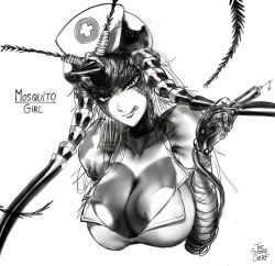 Rule 34 | 1girl, antennae, breasts, carapace, character name, cleavage, compound eyes, extra eyes, hat, highres, arthropod girl, large breasts, licking lips, monster girl, mosquito girl, mosquito musume, naughty face, nurse, nurse cap, one-punch man, solo, syringe, the golden smurf, tongue, tongue out, upper body