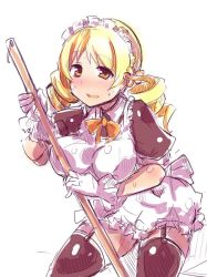Rule 34 | 1girl, apron, blonde hair, breasts, broom, drill hair, garter straps, gedou danshaku, gloves, large breasts, looking at viewer, mahou shoujo madoka magica, maid, maid apron, maid headdress, open mouth, solo, thighhighs, tomoe mami, twintails, white background, white gloves, yellow eyes