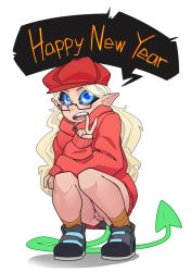 Rule 34 | beret, blonde hair, bottomless, cleft of venus, english text, happy new year, hat, highres, jacket, long hair, long sleeves, looking at viewer, new year, original, partially visible vulva, pointy ears, pussy, speech bubble, squatting, tail, the pink pirate, uncensored, v