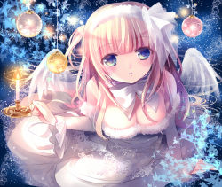Rule 34 | 1girl, angel, angel wings, bad id, bad pixiv id, blue eyes, blush, breasts, candle, chimochi, christmas, cleavage, dress, dyudyu, hairband, large breasts, original, pink hair, solo, wings