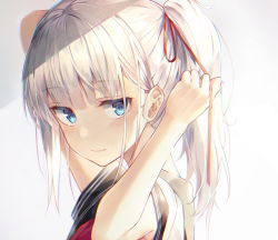 Rule 34 | 1girl, arm up, backlighting, black sailor collar, blue eyes, blush, closed mouth, commentary request, from side, grey background, hair ribbon, hand up, highres, huwari (dnwls3010), long hair, looking at viewer, looking to the side, original, ponytail, red neckwear, red ribbon, revision, ribbon, sailor collar, sanpaku, school uniform, serafuku, shirt, short sleeves, sidelocks, silver hair, solo, teeth, tying hair, upper teeth only, white shirt