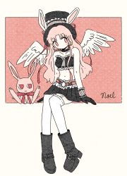 Rule 34 | 1girl, :3, angel wings, animal ears, bare shoulders, black collar, black footwear, black gloves, black headwear, black skirt, blush, boots, bow, choker, collar, collarbone, feathered wings, feathers, frills, full moon wo sagashite, gloves, hat, highres, long hair, meroko yui, meroko yui (bunny), midriff, multiple persona, no mouth, no nose, noeru (noellemonade), outside border, pink eyes, pink hair, pleated skirt, polka dot, rabbit, rabbit ears, red background, red bow, red ribbon, ribbon, signature, sitting, skirt, top hat, white feathers, white legwear, white wings, wings