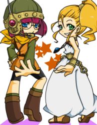 Rule 34 | 2girls, bad id, bad pixiv id, bare shoulders, bike shorts, blonde hair, blue eyes, blush, boots, chain, choker, chrono (series), chrono trigger, envious (artist), glasses, green eyes, grin, hair tie, helmet, jewelry, looking back, lucca ashtear, marle (chrono trigger), multiple girls, necklace, panty &amp; stocking with garterbelt, parody, ponytail, purple hair, scarf, shadow, short hair, smile, star (symbol), starry background, style parody, wristband