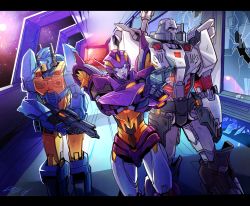 Rule 34 | 1girl, 2boys, autobot, broken glass, dataglitch, glass, glowing, glowing eyes, gun, hallway, handgun, holding, holding gun, holding weapon, insignia, letterboxed, looking to the side, mecha, megatron, multiple boys, nautica (transformers), nightbeat, robot, science fiction, scope, signature, space, standing, transformers, weapon
