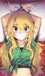 Rule 34 | 1girl, ahoge, arms up, bdsm, bed, blonde hair, bondage, bound, bound wrists, cad (caddo), cloth gag, gag, gagged, green eyes, green shirt, hair between eyes, head on pillow, highres, hoshii miki, idolmaster, idolmaster (classic), improvised gag, long hair, looking at viewer, lying, midriff, navel, on bed, pillow, restrained, shibari, shirt, solo, sweat, sweatdrop, tied shirt, wavy hair, wide-eyed
