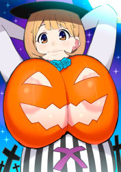 Rule 34 | 1girl, areola slip, arms behind head, arms up, blonde hair, breasts, cosplay, cross, dress, halloween, hat, highres, huge breasts, impossible clothes, large areolae, looking at viewer, moon, narusawa ryouka, night, occultic;nine, short hair, sky, smile, solo, star (symbol), tetrodotoxin, witch hat, yellow eyes