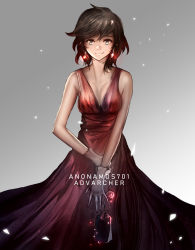 Rule 34 | 1girl, advarcher, bad id, bad pixiv id, breasts, brown hair, cleavage, closed mouth, collarbone, dress, earrings, evening gown, gloves, gradient hair, grey background, grey eyes, grey gloves, highres, jewelry, long dress, looking at viewer, medium breasts, multicolored hair, red dress, red hair, ruby rose, rwby, short hair, sleeveless, sleeveless dress, smile, solo, standing, swept bangs