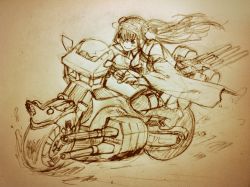 Rule 34 | 10s, 1girl, detached sleeves, hair ornament, hairband, japanese clothes, kanemaki thomas, kantai collection, kongou (kancolle), long hair, monochrome, motor vehicle, motorcycle, riding, scan, sketch, smile, solo, traditional media, vehicle, wide sleeves