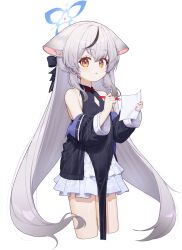 Rule 34 | 1girl, absurdres, animal ears, black dress, black jacket, blue archive, blue halo, blush, breasts, cowboy shot, cropped legs, dress, grey hair, hair between eyes, halo, highres, holding, holding paper, holding pen, jacket, kokona (blue archive), long hair, long sleeves, looking at viewer, open mouth, orange eyes, paper, pen, simple background, sleeveless, sleeveless dress, small breasts, solo, striped clothes, striped dress, surps, tiger ears, vertical-striped clothes, vertical-striped dress, white background