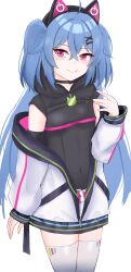 Rule 34 | 1girl, absurdres, animal ears, belt, blue hair, chiaki katsumi, commission, fake animal ears, hair ornament, hairclip, highres, hood, hoodie, jacket, jewelry, long hair, pendant, pink eyes, pixellink, simple background, solo, thighhighs, thighs, virtual youtuber, white background, zipper