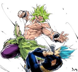 Rule 34 | 10s, 2boys, armor, battle, blank eyes, blue hair, boots, broly (dragon ball super), clenched hand, clenched hands, commentary, dragon ball, dragon ball super, dragonball z, duel, evil smile, fingernails, gloves, green hair, incoming attack, incoming punch, legendary super saiyan, male focus, manly, multiple boys, muscular, no pupils, pants, profile, punching, purple pants, scar, topless male, short hair, simple background, smile, spiked hair, super saiyan, super saiyan blue, teeth, torn clothes, vegeta, white background, white gloves, wristband
