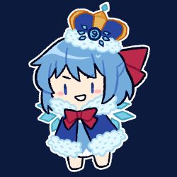 Rule 34 | 1girl, barefoot, blue background, blue dress, blue eyes, blue hair, chibi, circled 9, cirno, cirno day, commentary, crown, dress, finnieforkys, hair ribbon, lowres, medium hair, neck ribbon, outline, red ribbon, ribbon, simple background, smile, solo, symbol-only commentary, touhou, v-shaped eyebrows, white outline, wings