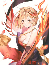 Rule 34 | 1girl, blonde hair, breasts, brown eyes, cleavage, commentary request, djeeta (granblue fantasy), dress, firedancer&#039;s roseplume (granblue fantasy), flaming sword, flaming weapon, granblue fantasy, highres, holding, holding sword, holding weapon, katana, medium breasts, official alternate costume, parted lips, red dress, short hair, solo, strapless, strapless dress, sword, weapon, white background, yuntae