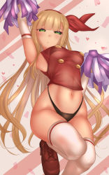 Rule 34 | 1girl, arm up, armpits, back bow, blonde hair, bow, brown footwear, buttons, cheerleader, closed mouth, crop top, ellen (touhou), green hair, hair bow, highres, holding, holding pom poms, long hair, midriff, navel, pom pom (cheerleading), pom poms, red bow, red shirt, shirt, shounen (hogehoge), sleeveless, sleeveless shirt, stomach, sweat, thighhighs, touhou, touhou (pc-98), translucent, very long hair, white thighhighs
