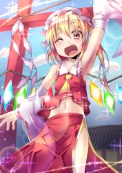 Rule 34 | 1girl, ;d, adapted costume, arm up, bare shoulders, crop top, day, detached sleeves, flandre scarlet, gohei, hat, japanese clothes, looking at viewer, midriff, miko, mob cap, navel, one eye closed, open mouth, rando seru, red eyes, short hair, shrine, side ponytail, side slit, skirt, skirt set, smile, solo, sparkle, touhou, white hat, wide sleeves
