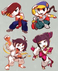 Rule 34 | 2boys, 2girls, antenna hair, baggy pants, bare shoulders, barefoot, baseball cap, bridal gauntlets, brown hair, capcom, chinese clothes, clenched hands, dougi, drill hair, fighting stance, hair over one eye, halterneck, han juri, hat, karate, karate gi, kung fu, makoto (street fighter), multiple boys, multiple girls, muscular, oetaro, open mouth, pants, pointy hair, short hair, shouting, simple background, skateboard, standing, standing on one leg, street fighter, street fighter iii (series), street fighter iv (series), twin drills, yang lee, yun lee