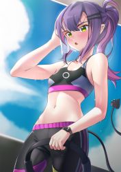 Rule 34 | 1girl, blue sky, blush, cloud, commentary, demon girl, demon tail, dictiony, dripping, ear piercing, english commentary, fang, green eyes, hair ornament, hairclip, highres, hololive, midriff, navel, open mouth, piercing, ponytail, purple hair, ring (ring fit adventure), ring fit adventure, sidelocks, sky, sports bra, sportswear, sweat, tail, tail ornament, tail piercing, tokoyami towa, towel, upper body, virtual youtuber, watch, wiping face, wiping sweat, wristwatch
