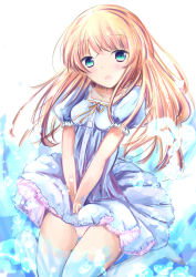 Rule 34 | 1girl, blonde hair, blue dress, blush, breasts, collarbone, commentary request, covering privates, covering crotch, dress, green eyes, highres, long hair, neck ribbon, open mouth, original, panties, pink panties, puffy short sleeves, puffy sleeves, ribbon, shihou haru, short sleeves, small breasts, solo, thighhighs, underwear, very long hair, white thighhighs, yellow ribbon