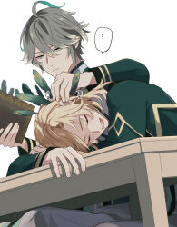 Rule 34 | ..., 2boys, ahoge, alhaitham (genshin impact), arm up, blonde hair, book, closed eyes, closed mouth, commentary request, desk, drooling, eyelashes, feather hair ornament, feathers, fingernails, genshin impact, gold trim, green eyes, green hair, green jacket, grey hair, hair between eyes, hair ornament, hand up, highres, holding, holding book, jacket, kaveh (genshin impact), kt (ktakbl0), long hair, long sleeves, looking at another, male focus, mouth drool, multicolored hair, multiple boys, open mouth, pants, parted bangs, robe, short hair, sidelocks, simple background, sitting, sleeping, sleeping upright, speech bubble, spoken ellipsis, swept bangs, table, teeth, upper teeth only, white background, white pants