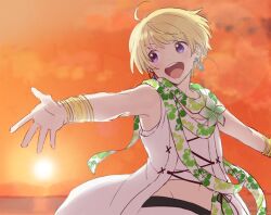 Rule 34 | 1boy, blonde hair, earrings, facing viewer, green scarf, harukawa (aonori1022), idolmaster, idolmaster side-m, jewelry, looking to the side, male focus, multicolored clothes, multicolored scarf, open mouth, pierre bichelberger, purple eyes, scarf, shirt, short hair, sleeveless, smile, solo, vest, white scarf, white shirt, white vest