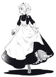 Rule 34 | 1girl, apron, braid, brush, dress, frills, goshi-san, greyscale, hat, highres, holding, long dress, maid, maid apron, maid headdress, mob cap, monochrome, original, short twintails, sleeves rolled up, solo, standing, standing on one leg, twin braids, twintails, victorian maid, white background