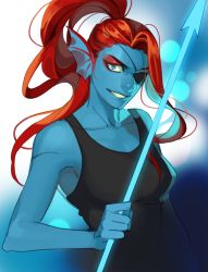 Rule 34 | 1girl, bad id, bad pixiv id, blue skin, colored skin, energy spear, eyepatch, fins, head fins, lictter, monster girl, polearm, ponytail, red hair, smile, solo, spear, tank top, teeth, undertale, undyne, weapon