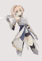 Rule 34 | 1girl, armor, armored boots, bare shoulders, blonde hair, boots, braid, breastplate, closed mouth, cropped legs, falcom, gauntlets, george man, green eyes, grey background, hair between eyes, hair ornament, hairclip, highres, holding, holding weapon, karja balta, long hair, looking at viewer, o-ring, o-ring thigh strap, one side up, simple background, solo, thigh strap, triangle hair ornament, weapon, ys, ys x nordics