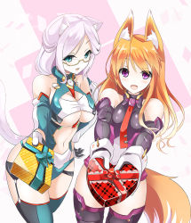 Rule 34 | 2girls, animal ears, bare shoulders, blue eyes, breasts, cat ears, cat tail, fatkewell, fox ears, fox tail, glasses, gloves, large breasts, long hair, multiple girls, orange hair, original, purple eyes, rika eastre, sharon catiey, silver hair, small breasts, tail, thighhighs, underboob, valentine