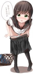 Rule 34 | 10s, 1girl, absurdres, anchor symbol, black skirt, black socks, blush, bow, bow panties, breasts, brown hair, cleavage, clothes pull, downblouse, embarrassed, eyebrows, fubuki (kancolle), fubuki kai ni (kancolle), full body, gluteal fold, green eyes, highres, kantai collection, laundry basket, leaning forward, long hair, looking at viewer, no shoes, nose blush, open mouth, panties, panties around thighs, panty pull, partially undressed, pentagon (railgun ky1206), pink bow, pleated skirt, school uniform, serafuku, simple background, skirt, skirt pull, small breasts, socks, solo, standing, translated, underwear, undressing, wavy mouth, white background, white panties