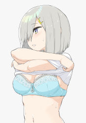 Rule 34 | 1girl, aka ringo, blue bra, blue eyes, blush, bra, breasts, grey background, hair ornament, hair over one eye, hairclip, hamakaze (kancolle), highres, kantai collection, large breasts, navel, open mouth, shirt, short hair, silver hair, simple background, solo, underwear, undressing, upper body, white shirt