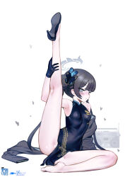 Rule 34 | 1girl, absurdres, armpits, bare legs, black dress, black gloves, black hair, blue archive, china dress, chinese clothes, dragon print, dress, gloves, grey eyes, halo, highres, kisaki (blue archive), kneepits, leg up, legs, long hair, looking at viewer, mr tangsuyuk, pelvic curtain, print dress, short dress, side slit, simple background, sitting, sleeveless, sleeveless dress, solo, spread legs, twintails, white background