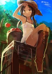 Rule 34 | 1girl, apple, apple tree, armpits, boots, brown hair, character request, cross, cross necklace, female focus, food, fruit, highres, jewelry, kamindani, low twintails, necklace, sitting, smile, solo, tree, twintails, twitter username, wet, yellow eyes