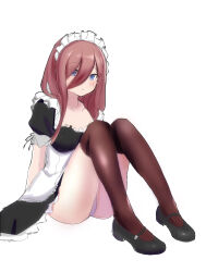 Rule 34 | 1girl, absurdres, alternate costume, apron, black dress, black footwear, blue eyes, breasts, brown hair, brown thighhighs, commentary, dh-zone, dress, enmaided, full body, go-toubun no hanayome, highres, knees up, long hair, long hair between eyes, looking at viewer, maid, maid apron, maid headdress, mary janes, nakano miku, panties, pantyshot, puffy short sleeves, puffy sleeves, shoes, short sleeves, simple background, solo, thighhighs, underwear, white apron, white panties