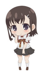 Rule 34 | 1girl, black eyes, black skirt, blush, boots, brown footwear, brown hair, chibi, closed mouth, commentary request, fate/kaleid liner prisma illya, fate (series), full body, hair ornament, hairclip, katsura mimi, kneehighs, looking at viewer, medium hair, no nose, official art, pleated skirt, puffy short sleeves, puffy sleeves, school uniform, shirt, shoes, short sleeves, simple background, skirt, smile, socks, solo, standing, white background, white shirt, white socks