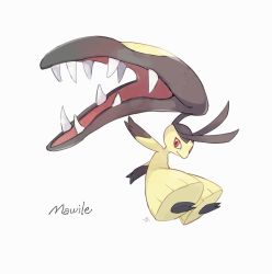 Rule 34 | character name, closed mouth, commentary request, creatures (company), full body, game freak, gen 3 pokemon, looking back, mawile, nigiri (ngr24), nintendo, pokemon, pokemon (creature), red eyes, signature, simple background, smile, solo, toes, white background