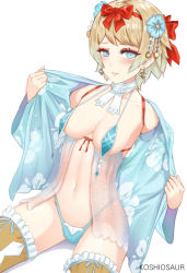 Rule 34 | 1girl, alternate costume, artist name, bad id, bad pixiv id, bikini, blonde hair, blue eyes, breasts, earrings, fire emblem, fire emblem heroes, fjorm (fire emblem), hair ornament, japanese clothes, jewelry, kimono, koshio, navel, nintendo, parted lips, revealing clothes, short hair, simple background, solo, swimsuit, white background
