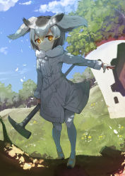 Rule 34 | 10s, 1girl, blue sky, building, cloud, coat, day, flower, full body, fur collar, glowing, glowing eyes, grass, hammer, head wings, highres, ishikkoro, kemono friends, kyoubu, looking at viewer, northern white-faced owl (kemono friends), outdoors, pantyhose, short hair, sky, solo, tree, white hair, white pantyhose, wings, yellow eyes