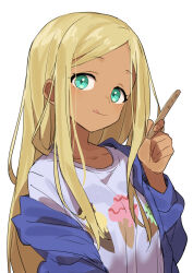 Rule 34 | 1girl, :q, absurdres, aqua eyes, blonde hair, blue jacket, dark-skinned female, dark skin, gazacy (dai), highres, idolmaster, idolmaster cinderella girls, jacket, layla (idolmaster), licking lips, long hair, looking at viewer, off shoulder, open clothes, open jacket, parted bangs, popsicle stick, shirt, simple background, solo, tongue, tongue out, upper body, white background