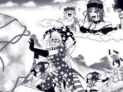 Rule 34 | +++, 1boy, 5girls, american flag, american flag dress, american flag legwear, beard, boots, breasts, chain, cleavage, clenched teeth, cloud, clownpiece, commentary request, cup, disposable cup, dress, earrings, earth (ornament), elbow gloves, eyelashes, eyeliner, facial hair, fairy, fairy wings, falling, gloves, greek mythology, greyscale, hair between eyes, hat, head wreath, hecatia lapislazuli, highres, jester cap, jewelry, laughing, long bangs, long hair, makeup, masked, medium breasts, monochrome, moon (ornament), multiple girls, off-shoulder shirt, off shoulder, open mouth, pantyhose, pointy ears, polka dot headwear, pushing, ryuuichi (f dragon), sharp teeth, shirt, sisyphus (mythology), smile, star (symbol), star print, striped clothes, striped dress, striped pantyhose, teeth, touhou, underworld (ornament), upper body, wings, zeus (mythology)